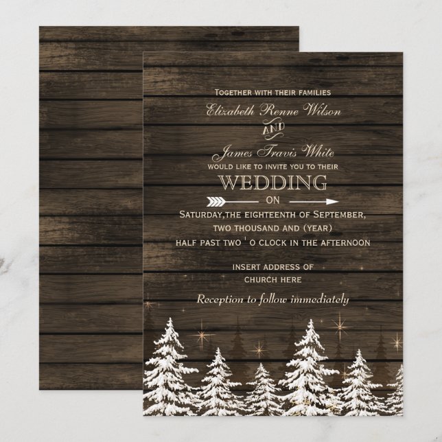 Invitación Madera de grano Rústico Pino boda de invierno (Anverso / Reverso)