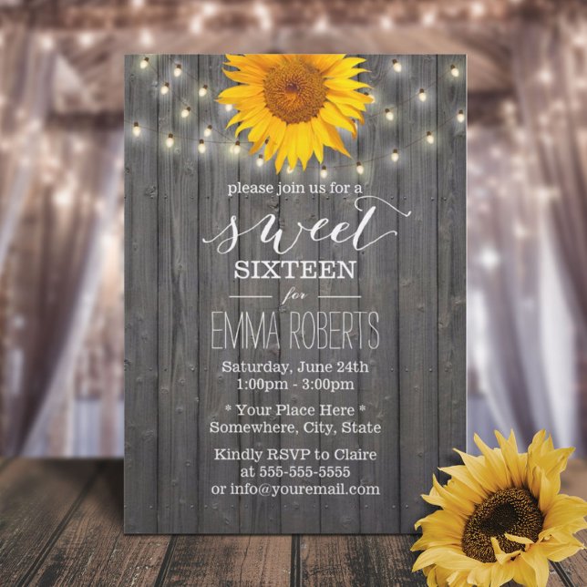 Invitación Madera de grano Sunflower & String Lights Sweet 16 (Subido por el creador)