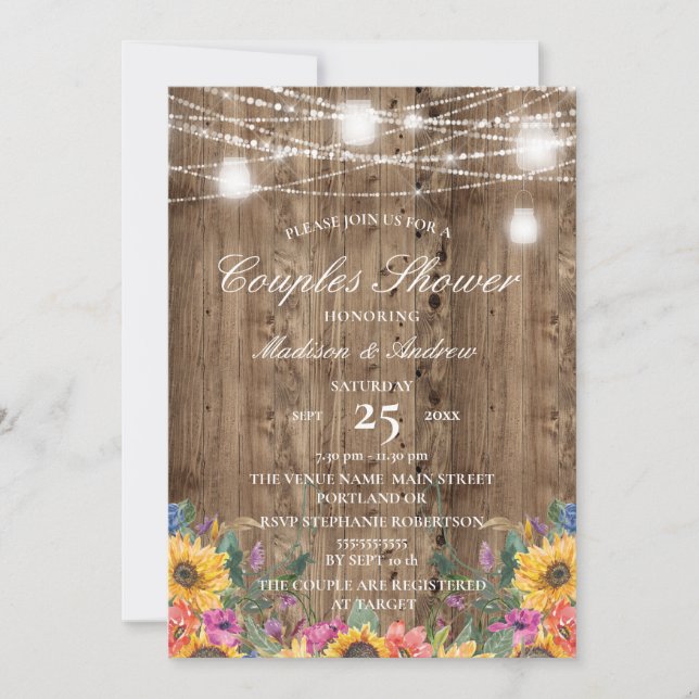 Invitación Madera de grano y ducha de flores de girasol rusas (Anverso)
