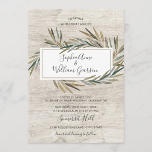 Invitación Madera de la boda rústica simple y hierba blancas