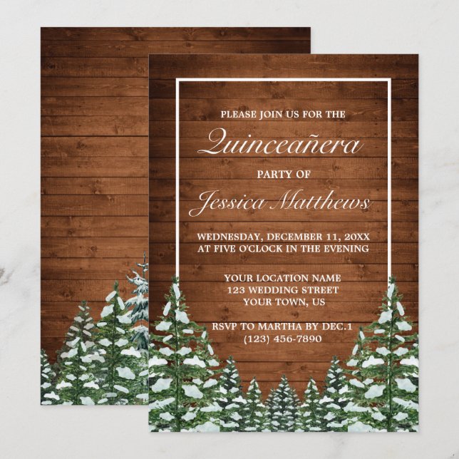Invitación Madera de nieve y Pino Rural Forestal Quinceañera (Anverso / Reverso)