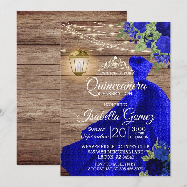 Invitación Madera de Quinceañera y flores azules oscuras (Anverso / Reverso)