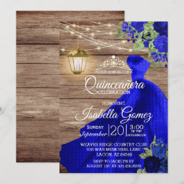 Invitación Madera de Quinceañera y flores azules oscuras