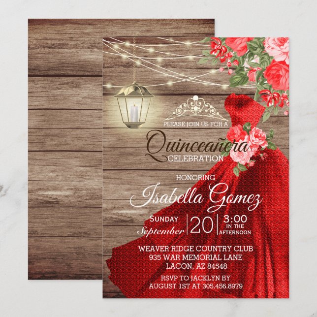 Invitación Madera de Quinceañera y Flores Rojas (Anverso / Reverso)