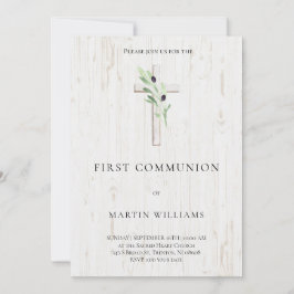 Invitación Madera de rama de oliva Cruz de la Primera Comunió