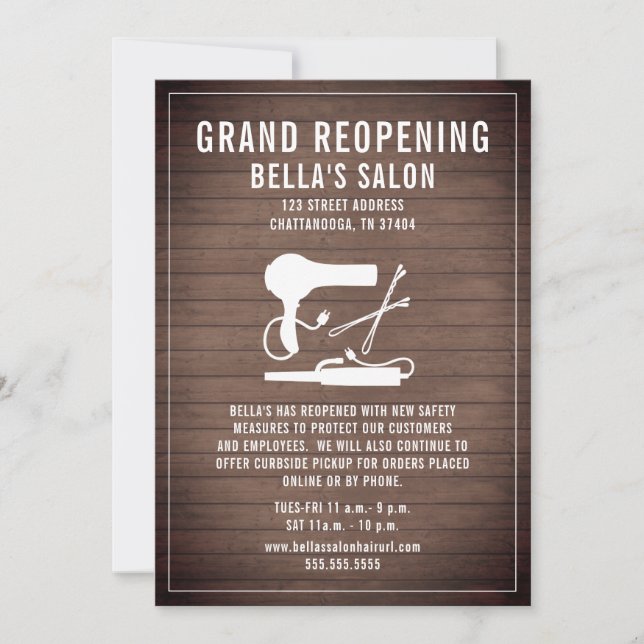 Invitación Madera de reapertura del salón de cabello (Anverso)