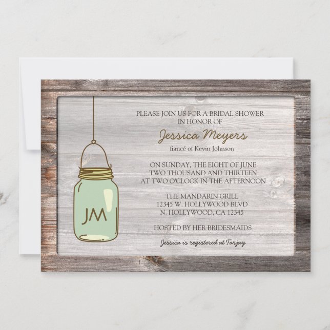 Invitación Madera envejecida con ducha de novia Mason Jar Bri (Anverso)