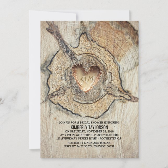 Invitación Madera esculpida Corazón Árbol Rústico Ducha Brida (Anverso)