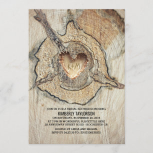 Invitación Madera esculpida Corazón Árbol Rústico Ducha Brida