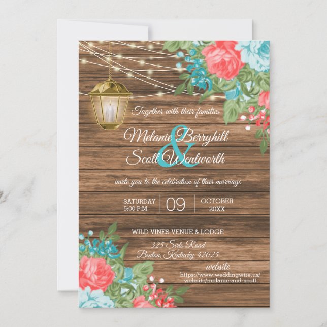 Invitación Madera, farolillos con Verde azulado, Boda de flor (Anverso)