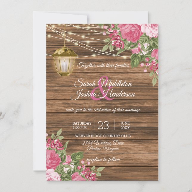 Invitación Madera, farolillos y Boda de Flor Rosa Mauve (Anverso)