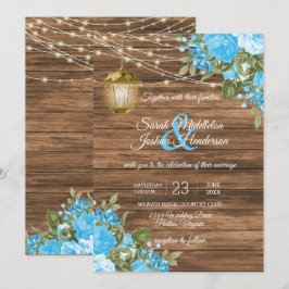 Invitación Madera, farolillos y Boda de flores azules para be