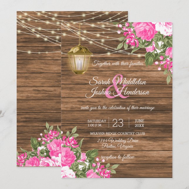 Invitación Madera, farolillos y Boda de flores rosadas (Anverso / Reverso)