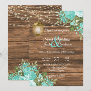 Invitación Madera, farolillos y Boda de flores Verde azuladas