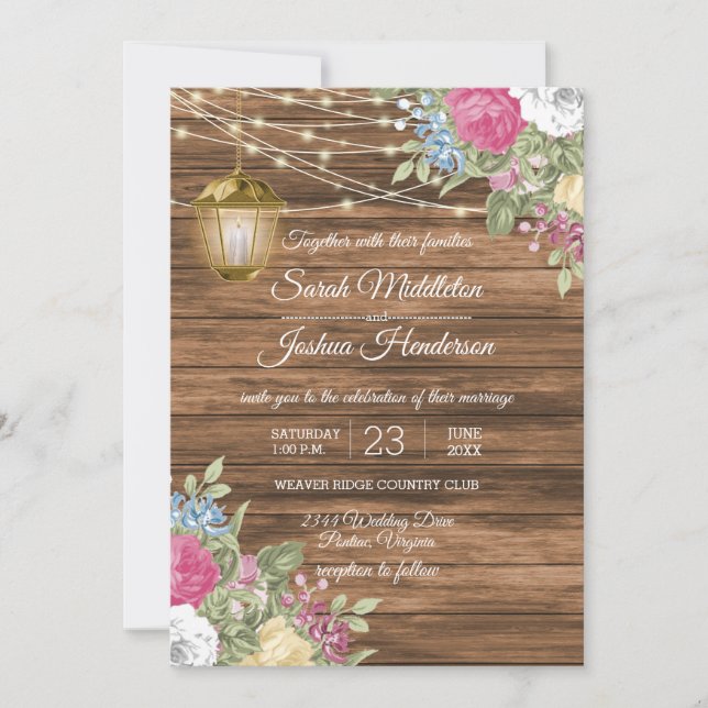 Invitación Madera, farolillos y hermoso Boda de flores de pri (Anverso)