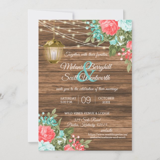 Invitación Madera, farolillos y Verde azulado, Boda de flores