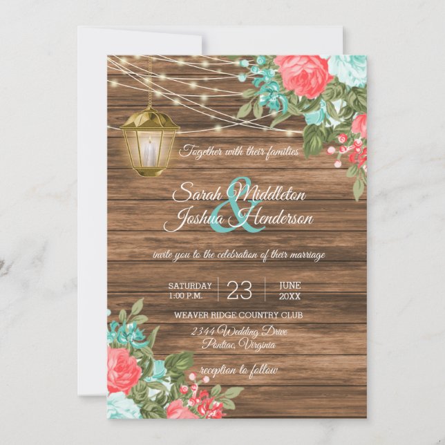 Invitación Madera, farolillos y Verde azulado, Boda de flores (Anverso)