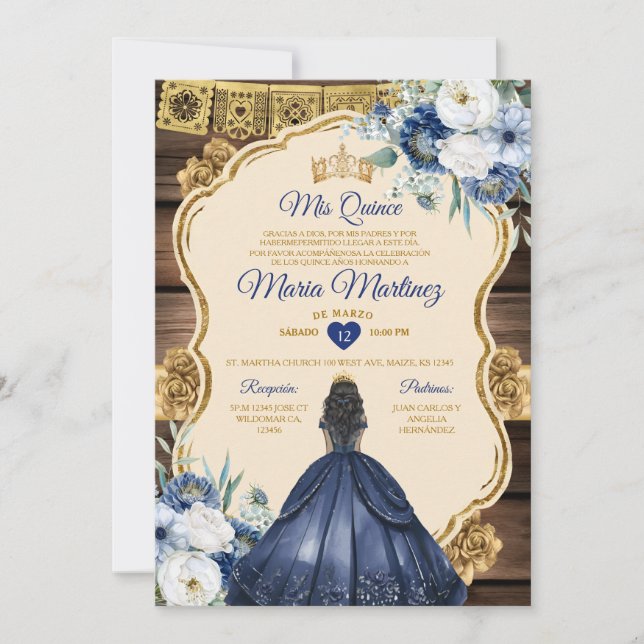 Invitación Madera Floral Azul de la Marina Española 15 Anos Q (Anverso)
