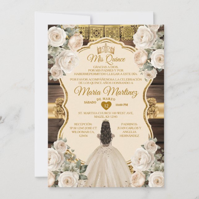 Invitación Madera floral de Crema Blanca Española Mis Quince (Anverso)