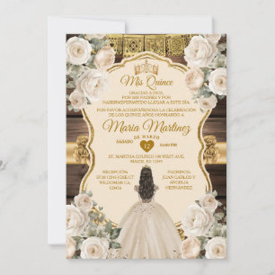 Invitación Madera floral de Crema Blanca Española Mis Quince