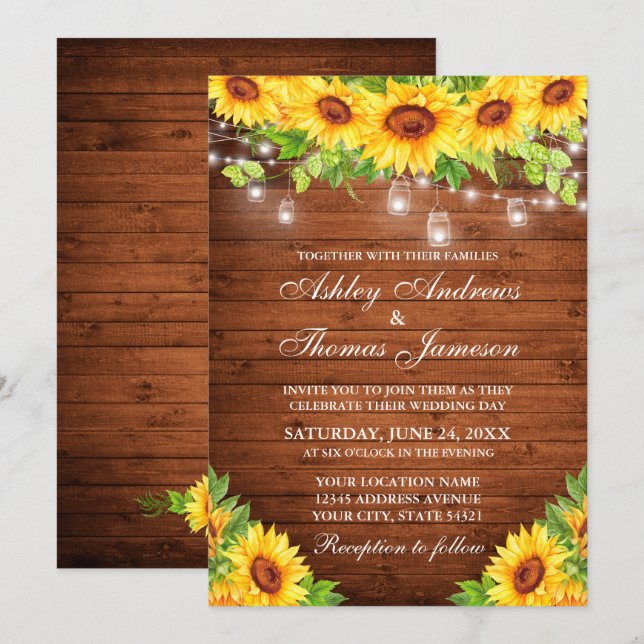 Invitación Madera floral de girasol rústico Mason Jar Luces (Anverso / Reverso)