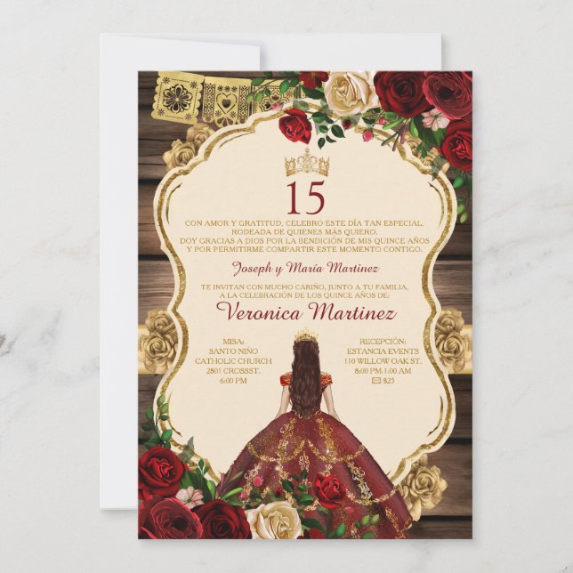 Invitación Madera floral de princesa borgoña española 15 años (Anverso)