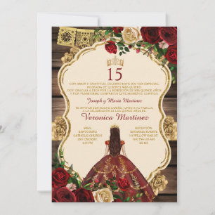 Invitación Madera floral de princesa borgoña española 15 años