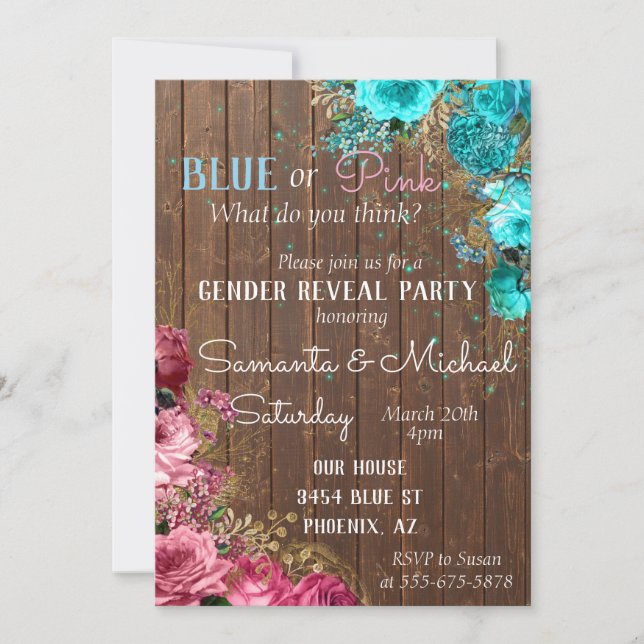 Invitación Madera floral rosa azul Shabby Chic Género Revelac (Anverso)