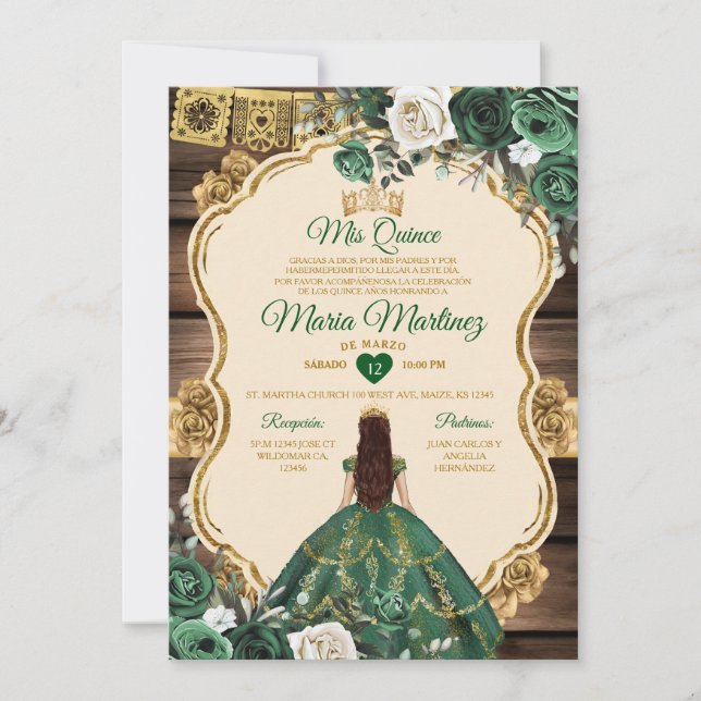 Invitación Madera floral verde esmeralda española Quiñceanera (Anverso)