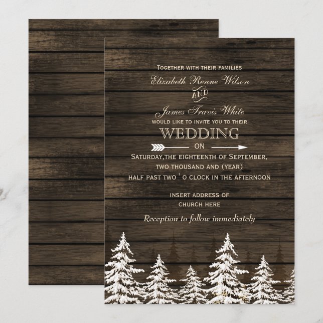 Invitación Madera granada Pinos Rústicos, bosques de invierno (Anverso / Reverso)