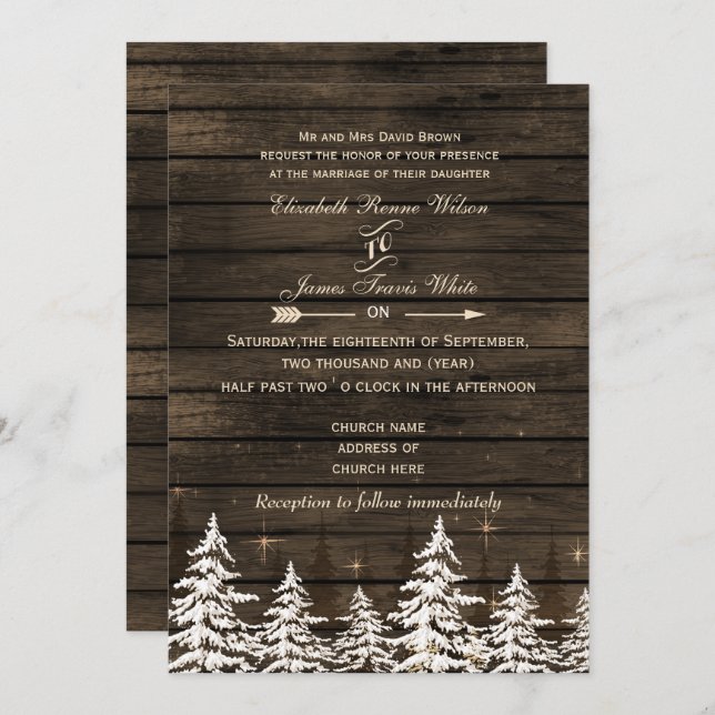 Invitación Madera granada Rustic Pine Tree Winter Wedding (Anverso / Reverso)