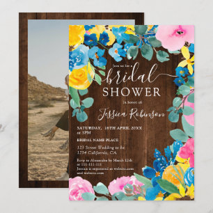 Invitación Madera marrón rusa con flores ducha de novia