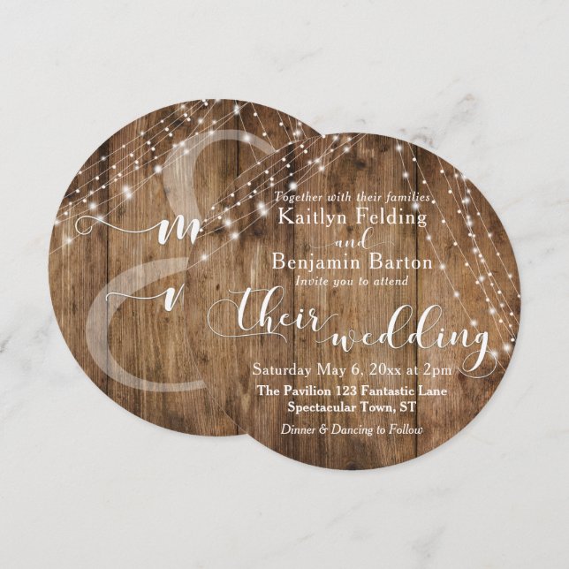 Invitación Madera marrón rústica, Boda de cadenas de luz blan (Anverso / Reverso)