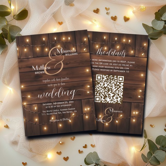 Invitación Madera marrón Rústica de las luces de cadena QR Bo (Subido por el creador)
