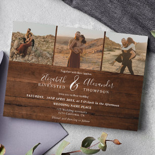 Invitación Madera marrón rústica Elegante 4 boda de guión Fot