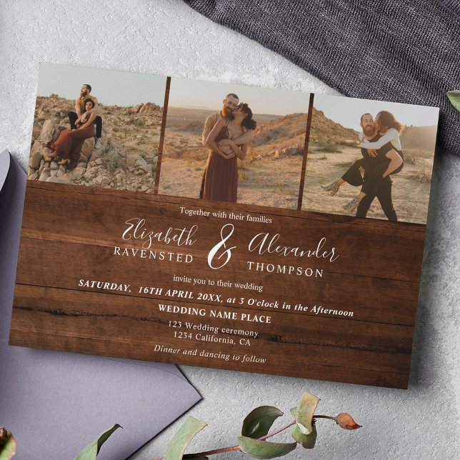 Invitación Madera marrón rústica Elegante 4 boda de guión Fot (Subido por el creador)