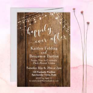 Invitación Madera Marrón Rústica & Luces Felices para Siempre
