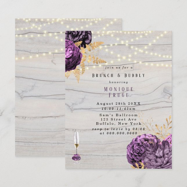 Invitación Madera Morada Floral Luce Brunéi & Bubbly (Anverso / Reverso)