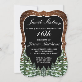 Invitación Madera nevada negra y cereal Tiara Sweet 16