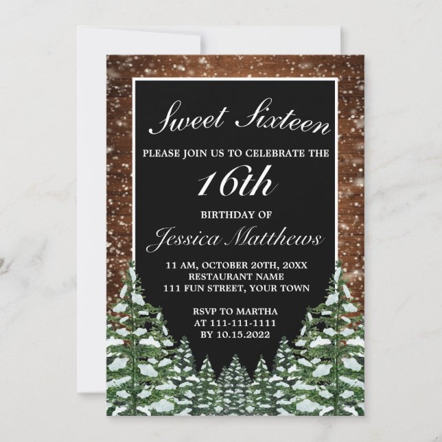 Invitación Madera nevada negra y cereal Tiara Sweet 16 (Anverso)