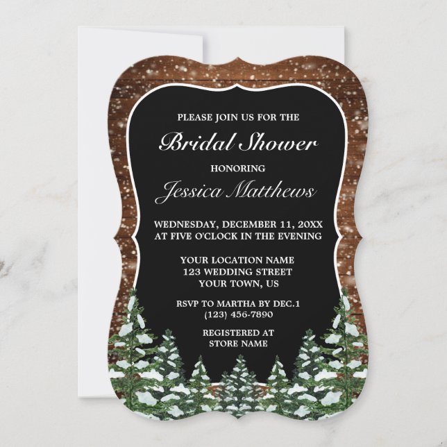 Invitación Madera nevada negra y ducha de novias de pino fore (Anverso)