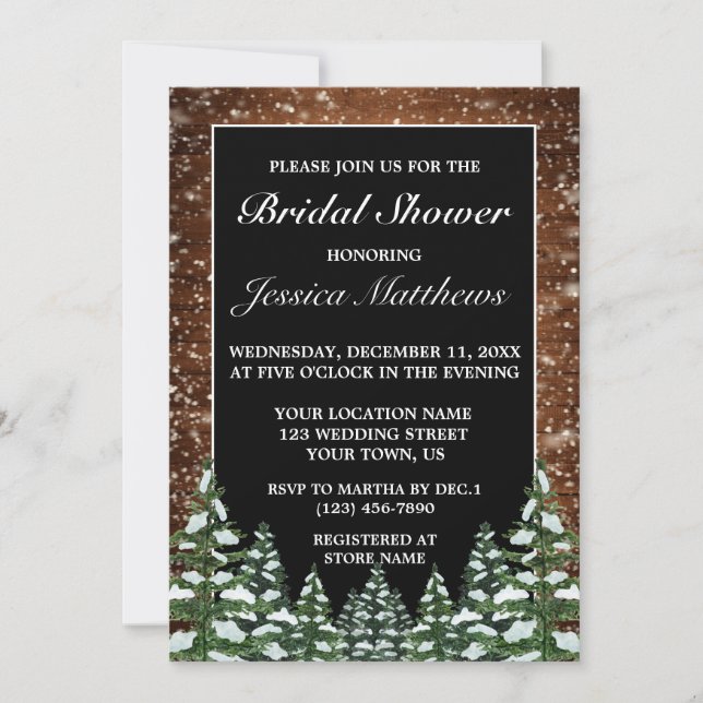 Invitación Madera nevada negra y ducha de novias de pino fore (Anverso)