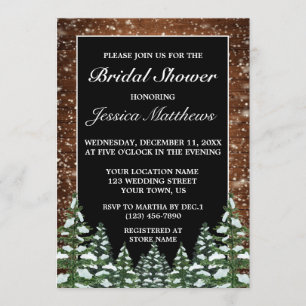 Invitación Madera nevada negra y ducha de novias de pino fore