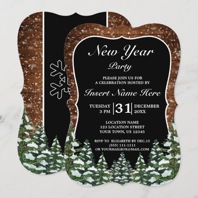 Invitación Madera nevada negra y Fiesta de año nuevo de pino  (Anverso / Reverso)