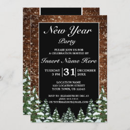 Invitación Madera nevada negra y Fiesta de año nuevo de pino