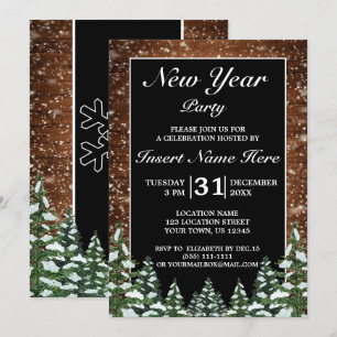 Invitación Madera nevada negra y Fiesta de año nuevo de pino 