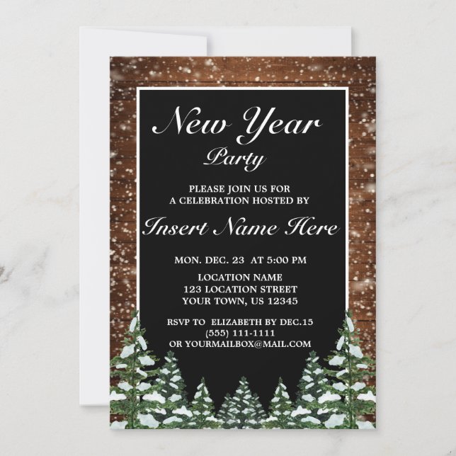 Invitación Madera nevada negra y Fiesta de año nuevo de pino  (Anverso)