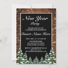 Invitación Madera nevada negra y Fiesta de año nuevo de pino