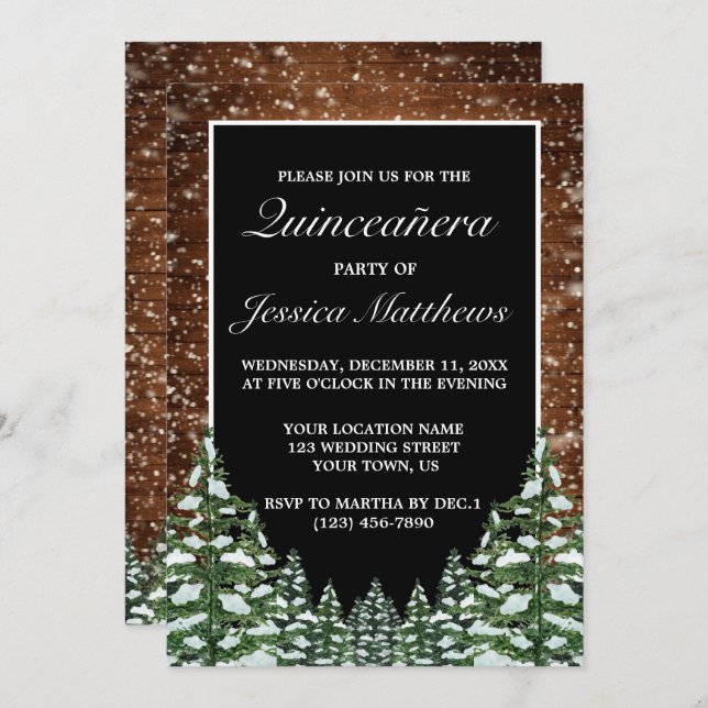Invitación Madera nevada negra y pino forestal Quinceañera (Anverso / Reverso)