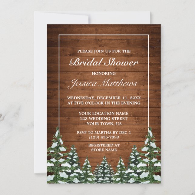 Invitación Madera nevada y ducha de novias en el campo de los (Anverso)